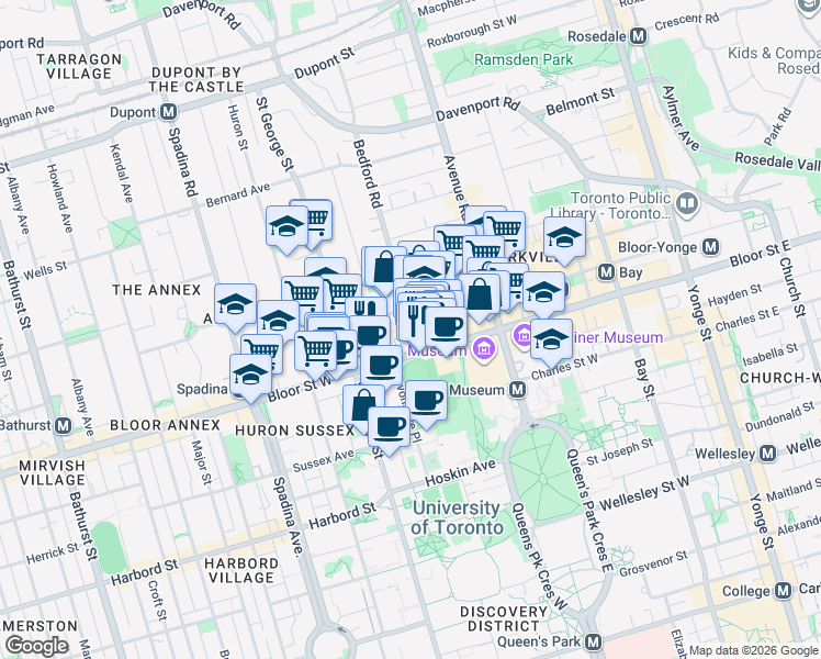 map of restaurants, bars, coffee shops, grocery stores, and more near 1 Bedford Road in Toronto