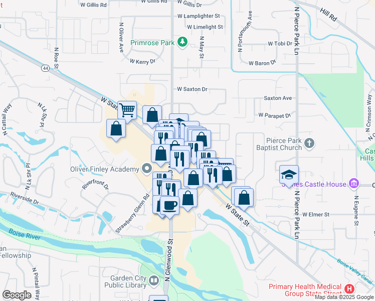 map of restaurants, bars, coffee shops, grocery stores, and more near 7100 West State Street in Boise