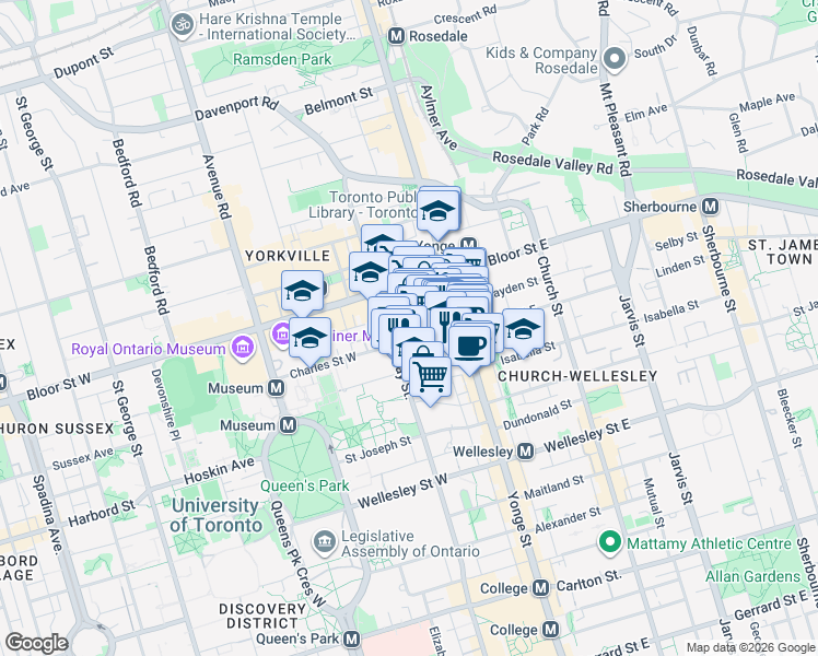 map of restaurants, bars, coffee shops, grocery stores, and more near 35 Saint Mary Street in Toronto