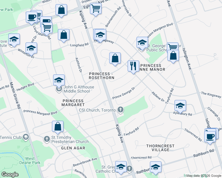 map of restaurants, bars, coffee shops, grocery stores, and more near in Toronto