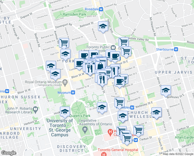 map of restaurants, bars, coffee shops, grocery stores, and more near 44 Charles Street West in Toronto
