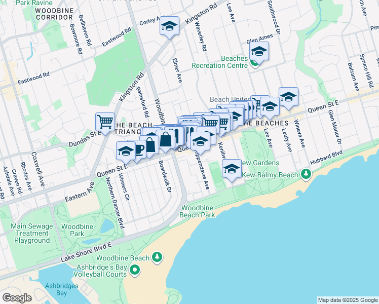 map of restaurants, bars, coffee shops, grocery stores, and more near 1911 Queen Street East in Toronto
