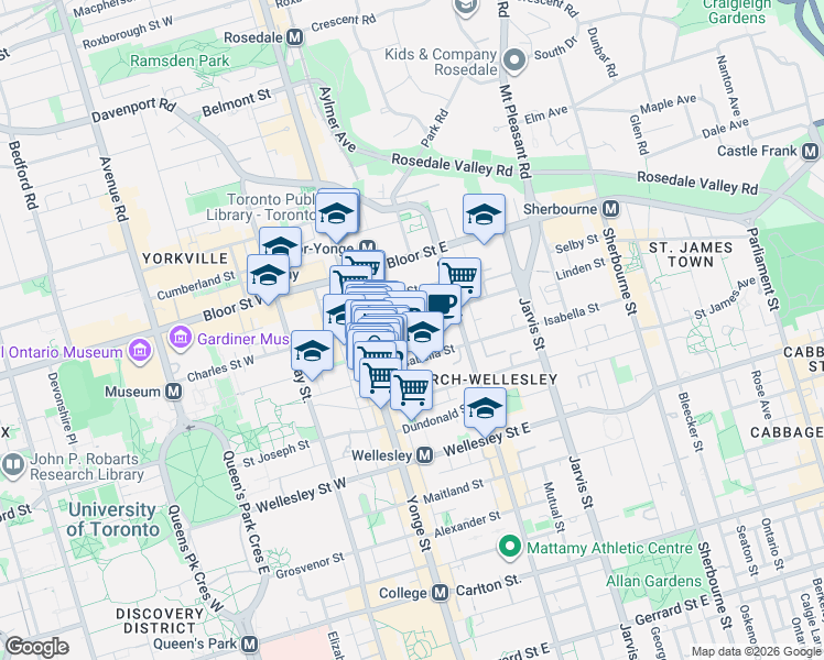 map of restaurants, bars, coffee shops, grocery stores, and more near 45 Charles Street East in Toronto