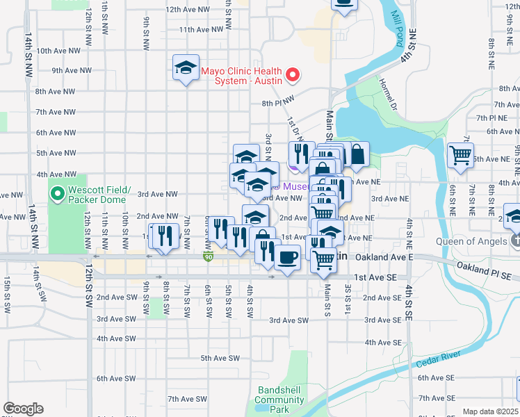 map of restaurants, bars, coffee shops, grocery stores, and more near 401 3rd Avenue Northwest in Austin