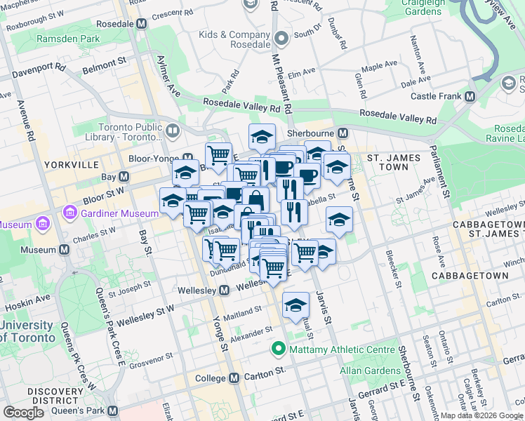 map of restaurants, bars, coffee shops, grocery stores, and more near 88 Isabella Street in Toronto