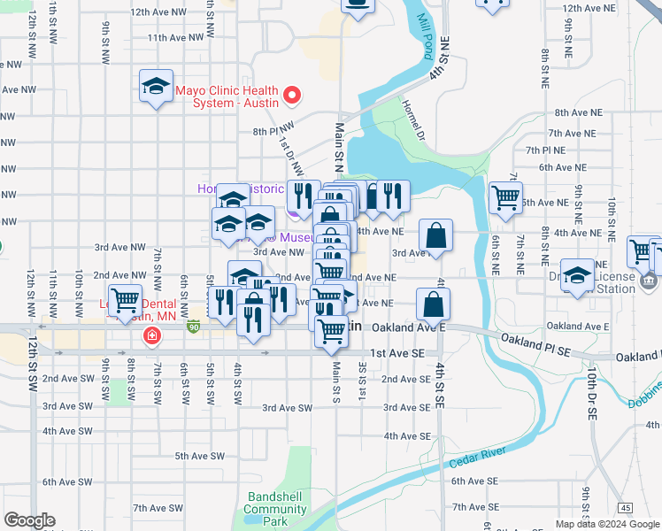 map of restaurants, bars, coffee shops, grocery stores, and more near 315 Main Street North in Austin