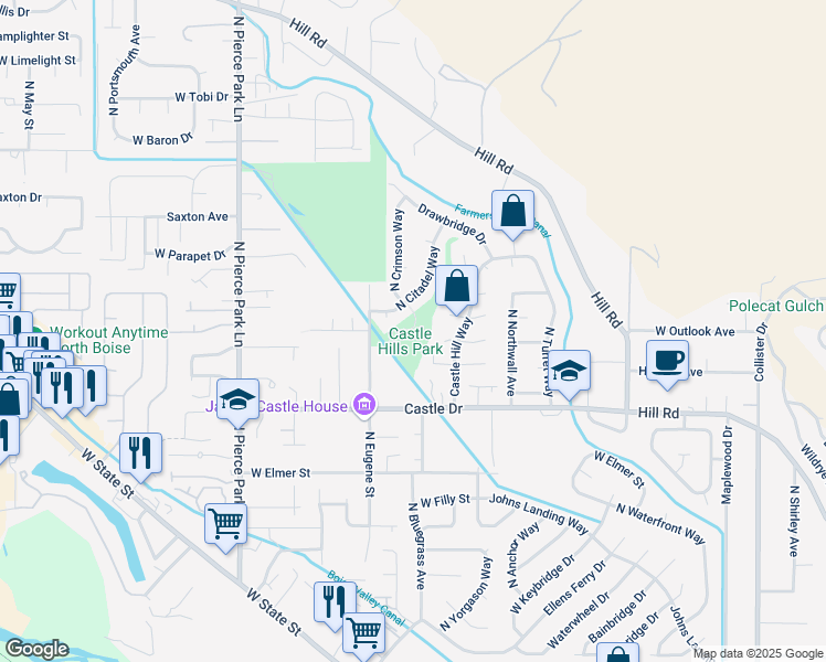 map of restaurants, bars, coffee shops, grocery stores, and more near 5350 Eugene Street in Boise