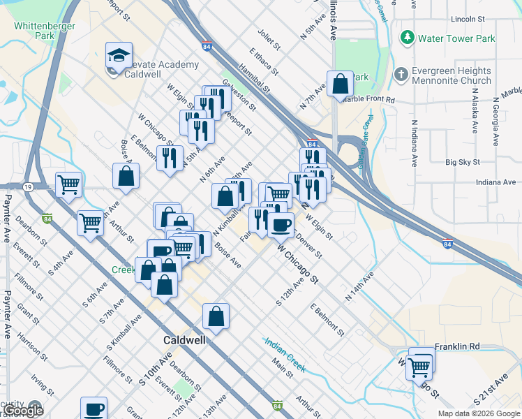 map of restaurants, bars, coffee shops, grocery stores, and more near 818 East Elgin Street in Caldwell