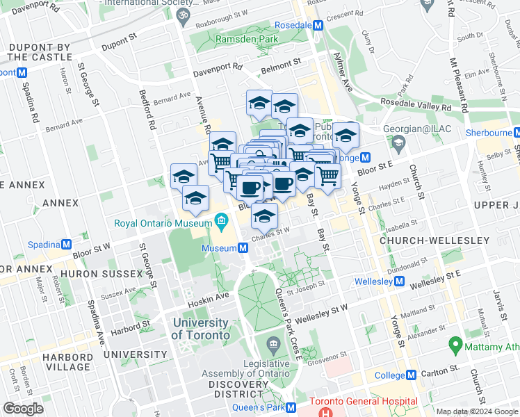 map of restaurants, bars, coffee shops, grocery stores, and more near in Toronto