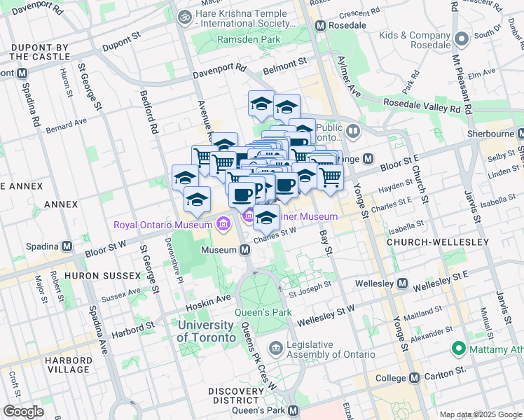 map of restaurants, bars, coffee shops, grocery stores, and more near 131 Bloor Street West in Toronto
