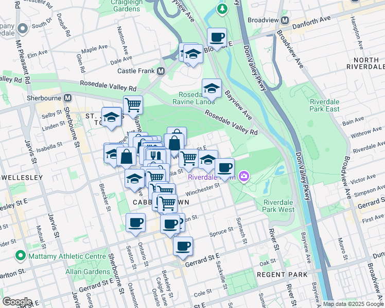 map of restaurants, bars, coffee shops, grocery stores, and more near 381 Wellesley Street East in Toronto