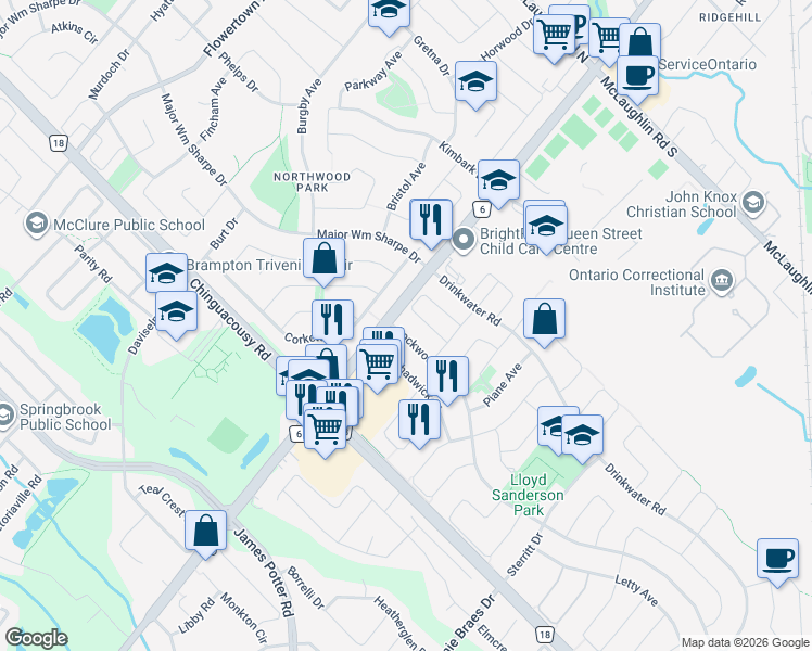 map of restaurants, bars, coffee shops, grocery stores, and more near 27 Seafair Cresent in Brampton