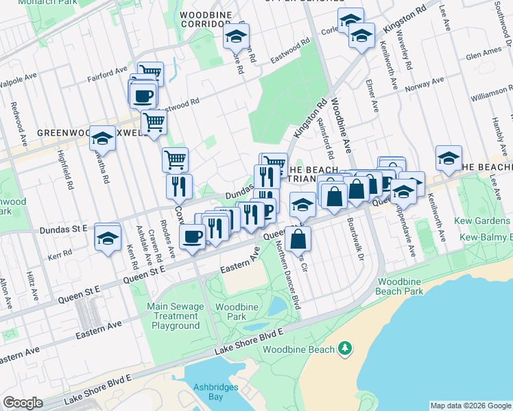 map of restaurants, bars, coffee shops, grocery stores, and more near 67 Orchard Park Boulevard in Toronto