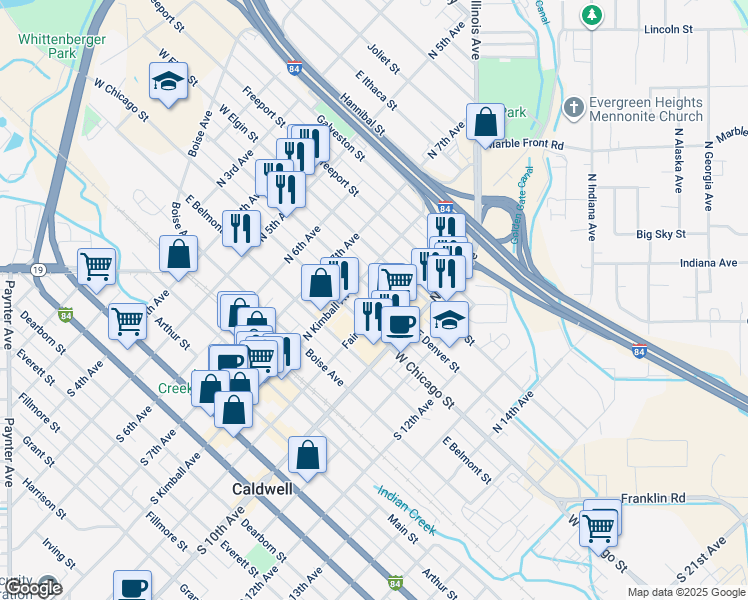 map of restaurants, bars, coffee shops, grocery stores, and more near 820 East Denver Street in Caldwell