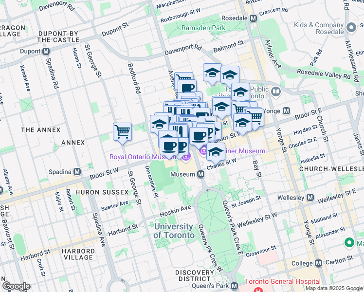 map of restaurants, bars, coffee shops, grocery stores, and more near 192 Bloor Street West in Toronto