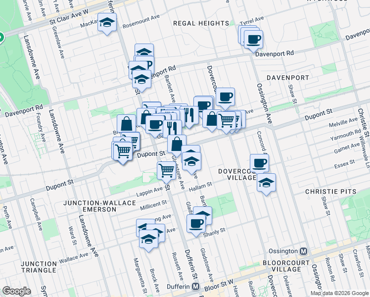map of restaurants, bars, coffee shops, grocery stores, and more near 200 Geary Avenue in Toronto
