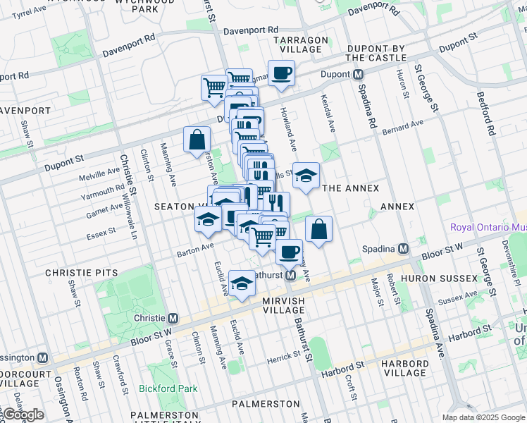 map of restaurants, bars, coffee shops, grocery stores, and more near 922 Bathurst Street in Toronto