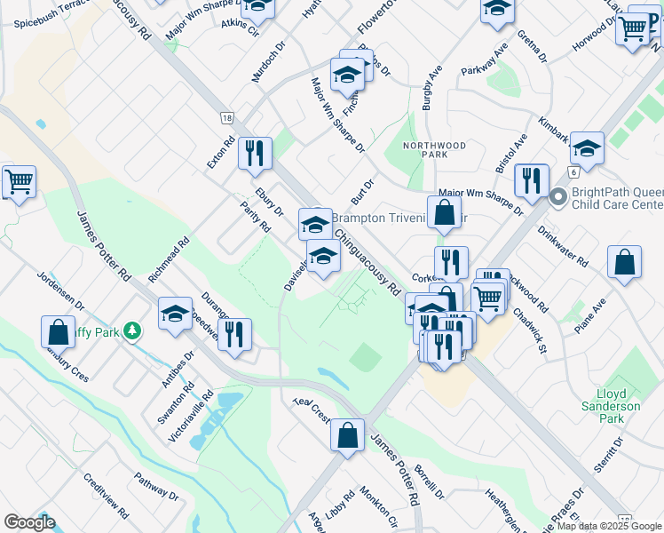 map of restaurants, bars, coffee shops, grocery stores, and more near 45 Daviselm Drive in Brampton