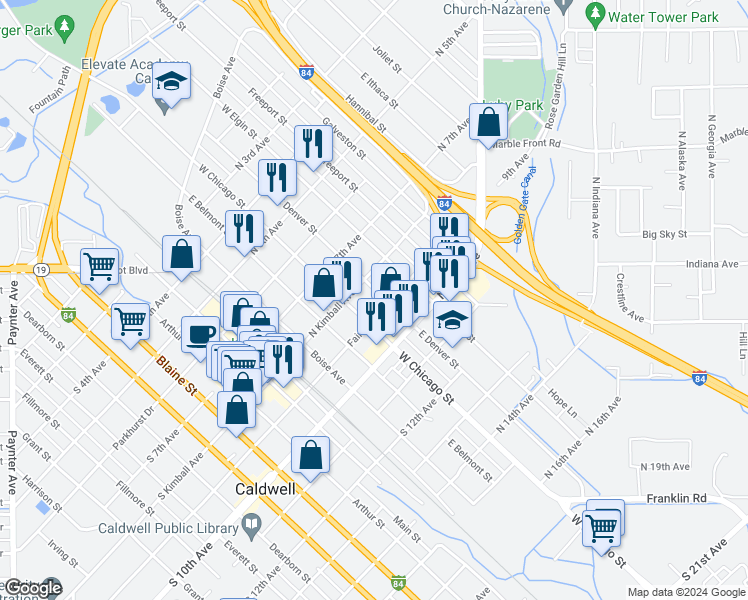 map of restaurants, bars, coffee shops, grocery stores, and more near 818 East Elgin Street in Caldwell