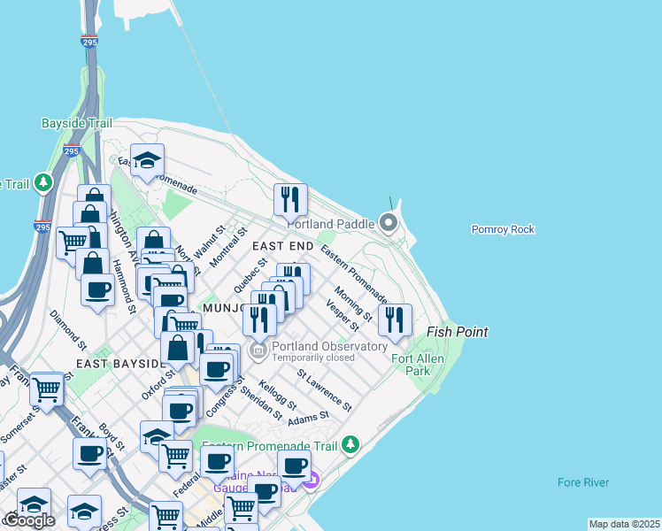 map of restaurants, bars, coffee shops, grocery stores, and more near 216 Eastern Promenade in Portland