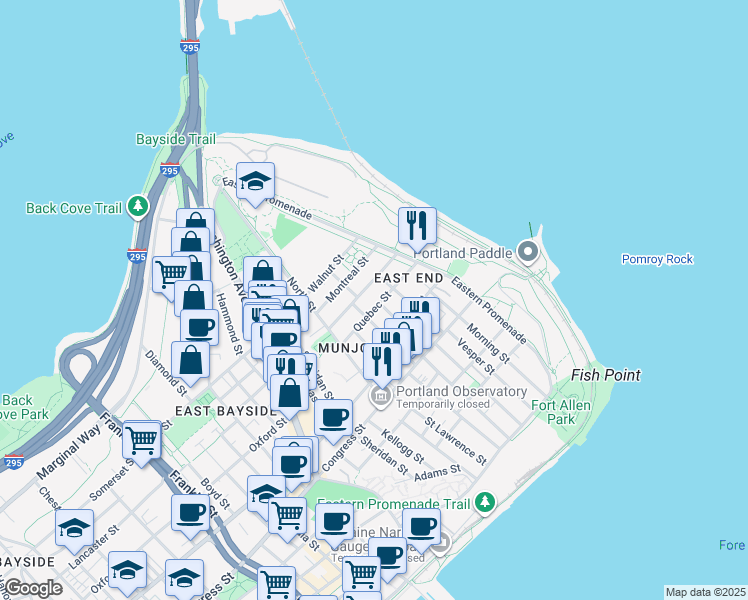 map of restaurants, bars, coffee shops, grocery stores, and more near 63 Emerson Street in Portland
