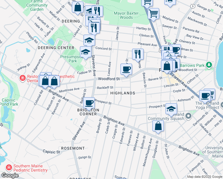 map of restaurants, bars, coffee shops, grocery stores, and more near 338 Woodford Street in Portland