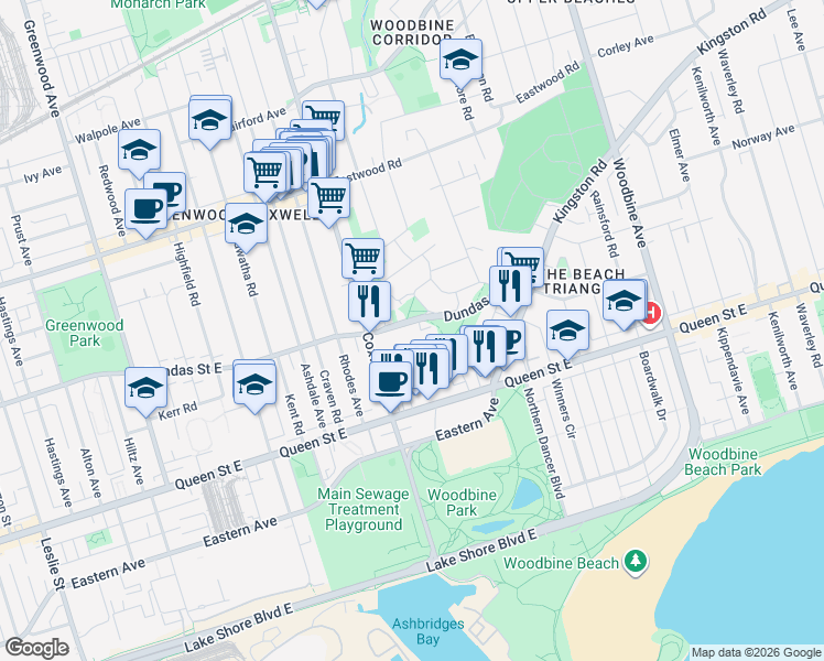 map of restaurants, bars, coffee shops, grocery stores, and more near in Toronto