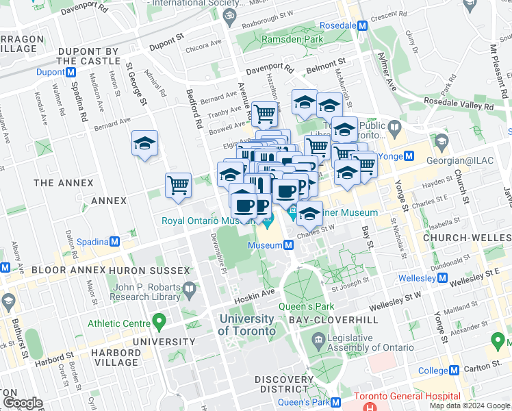 map of restaurants, bars, coffee shops, grocery stores, and more near 198 Bloor Street West in Toronto