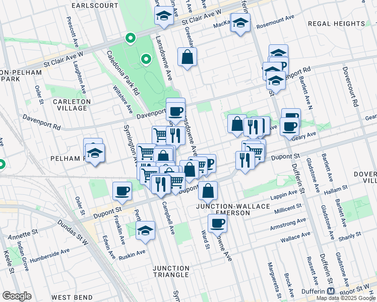 map of restaurants, bars, coffee shops, grocery stores, and more near 1123 Lansdowne Avenue in Toronto