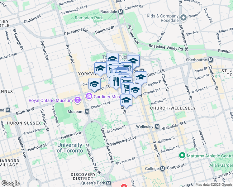 map of restaurants, bars, coffee shops, grocery stores, and more near 1166 Bay Street in Toronto