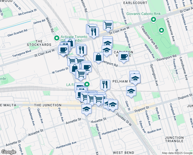 map of restaurants, bars, coffee shops, grocery stores, and more near 6 Junction Road in Toronto