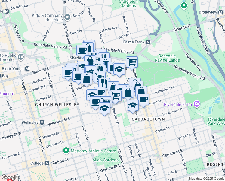map of restaurants, bars, coffee shops, grocery stores, and more near 275 Bleecker Street in Toronto