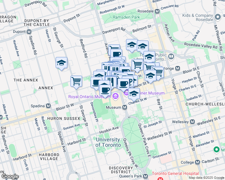 map of restaurants, bars, coffee shops, grocery stores, and more near 6 Avenue Road in Toronto