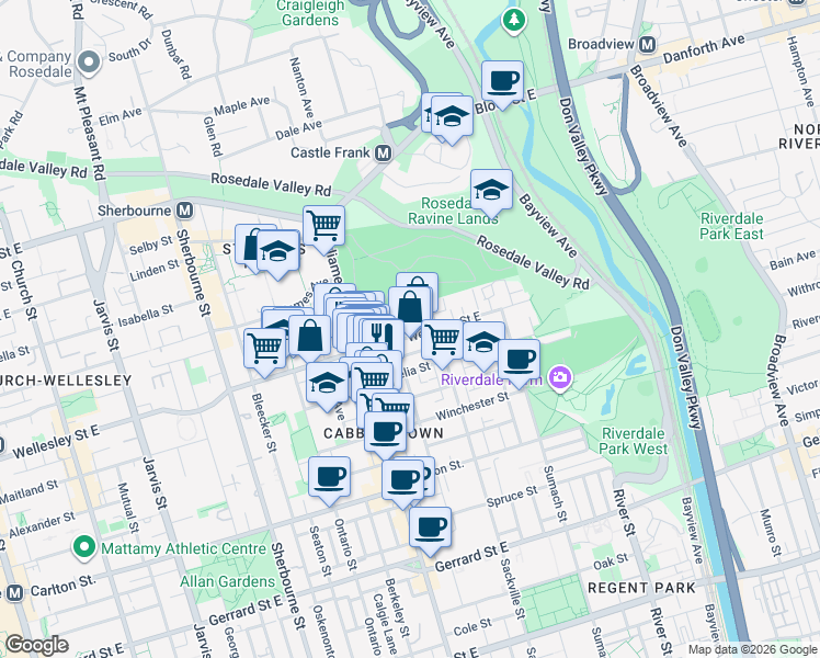 map of restaurants, bars, coffee shops, grocery stores, and more near in Toronto