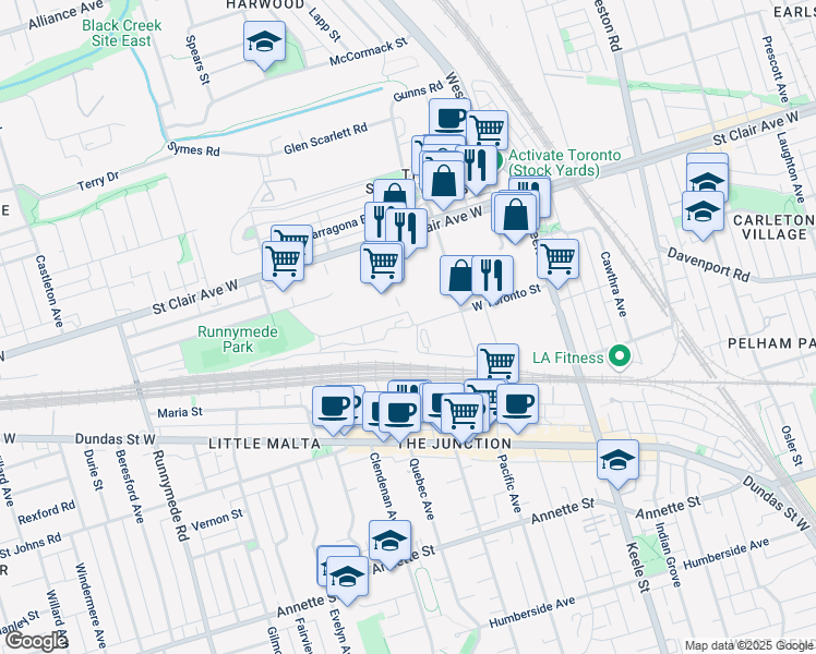map of restaurants, bars, coffee shops, grocery stores, and more near 87 Ethel Avenue in Toronto