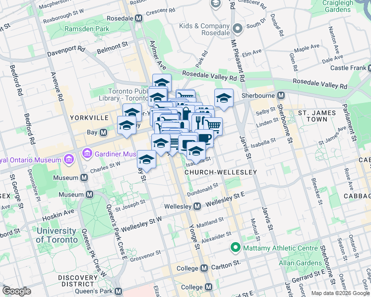 map of restaurants, bars, coffee shops, grocery stores, and more near 33 Charles Street East in Toronto