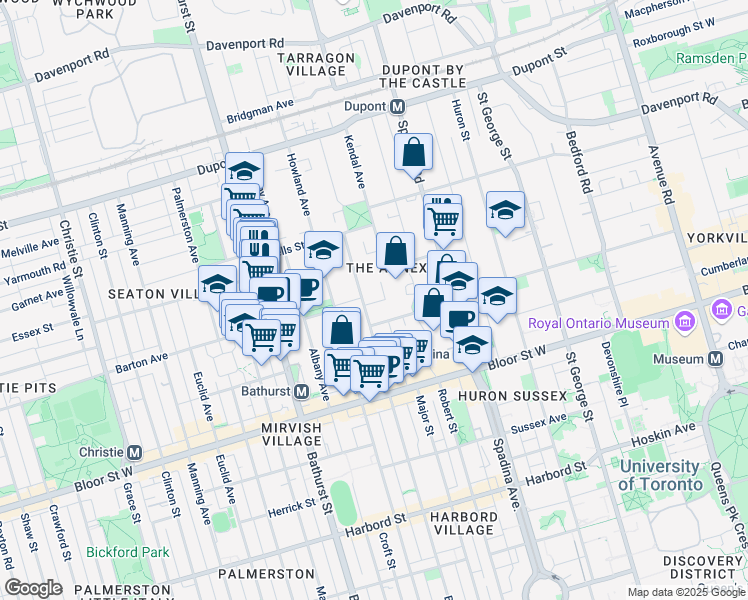 map of restaurants, bars, coffee shops, grocery stores, and more near 385 Brunswick Avenue in Toronto