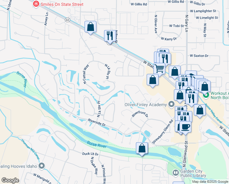map of restaurants, bars, coffee shops, grocery stores, and more near 5400 North Riffle Way in Garden City