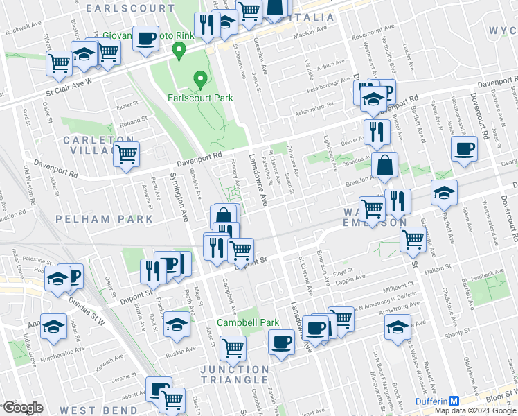 map of restaurants, bars, coffee shops, grocery stores, and more near 220 Brandon Avenue in Toronto