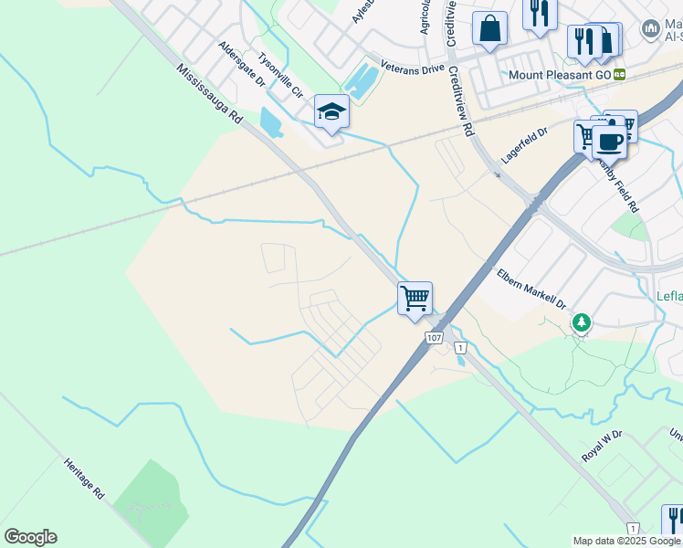 map of restaurants, bars, coffee shops, grocery stores, and more near 10124 Mississauga Road in Brampton