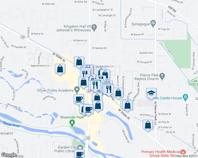 map of restaurants, bars, coffee shops, grocery stores, and more near 7100 West State Street in Boise