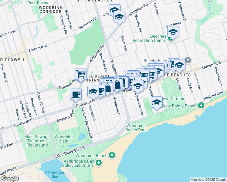 map of restaurants, bars, coffee shops, grocery stores, and more near 1 Rainsford Road in Toronto