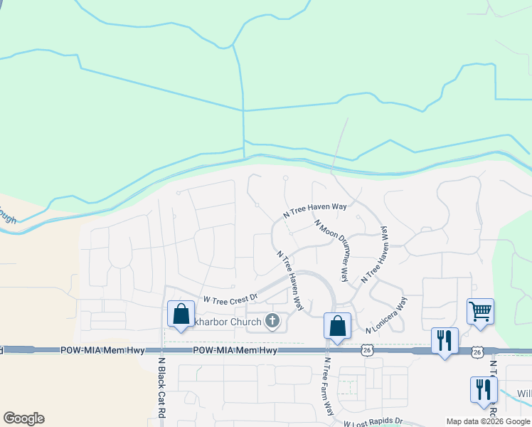 map of restaurants, bars, coffee shops, grocery stores, and more near North Tree Haven Place in Meridian