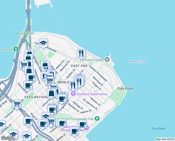 map of restaurants, bars, coffee shops, grocery stores, and more near 129 Morning Street in Portland