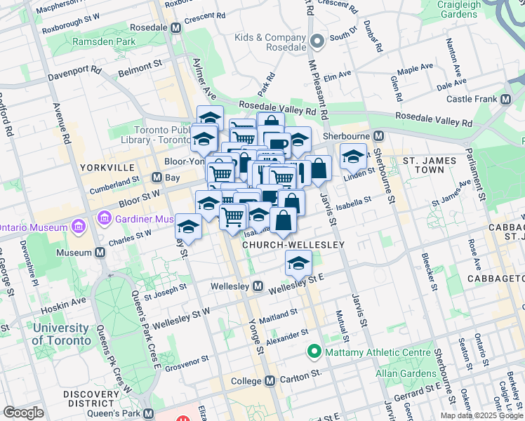 map of restaurants, bars, coffee shops, grocery stores, and more near 55 Charles Street East in Toronto
