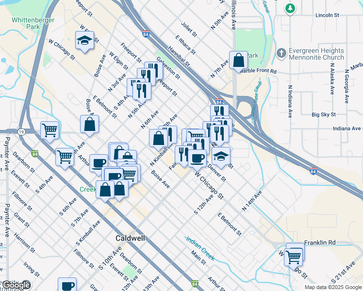 map of restaurants, bars, coffee shops, grocery stores, and more near 816 East Denver Street in Caldwell