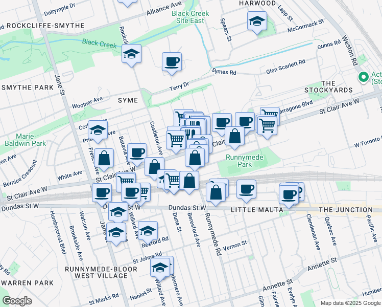map of restaurants, bars, coffee shops, grocery stores, and more near 2461 Saint Clair Avenue West in Toronto