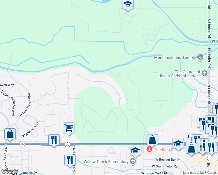 map of restaurants, bars, coffee shops, grocery stores, and more near 7036 North Spurwing Way in Meridian