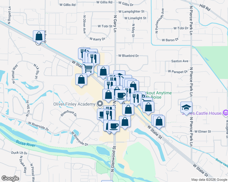 map of restaurants, bars, coffee shops, grocery stores, and more near 7300 West State Street in Boise
