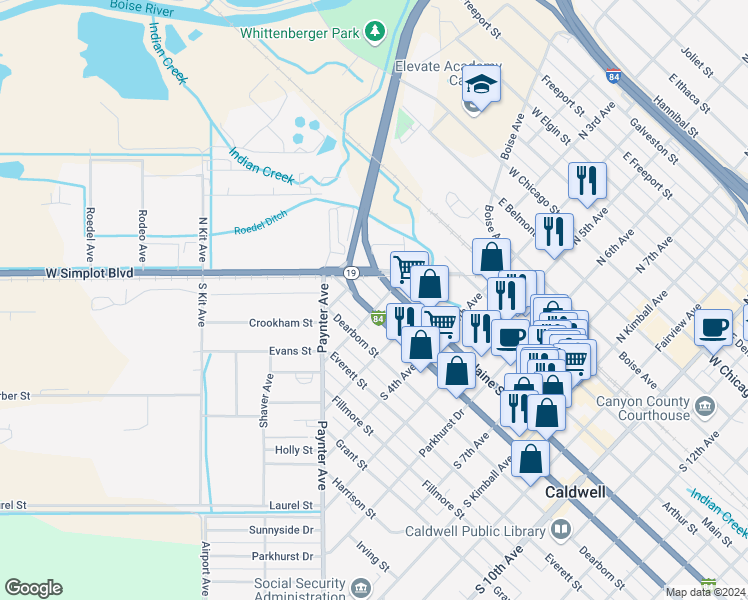 map of restaurants, bars, coffee shops, grocery stores, and more near 164 Blaine Street in Caldwell